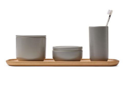 Bathroom set in grey ceramic with tray in oak